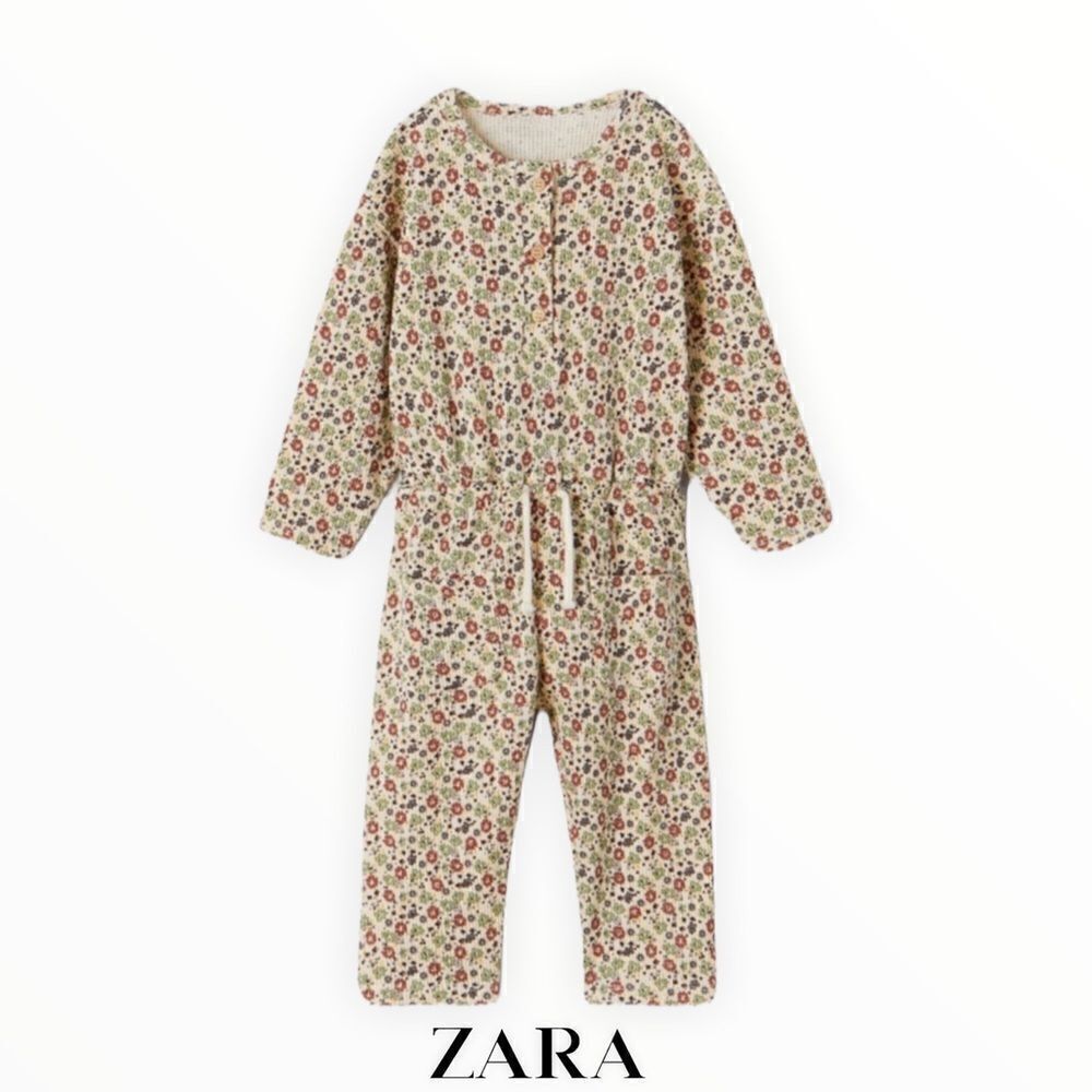 ZARA Kids | Ecru | WAFFLE KNIT FLORAL JUMPSUIT